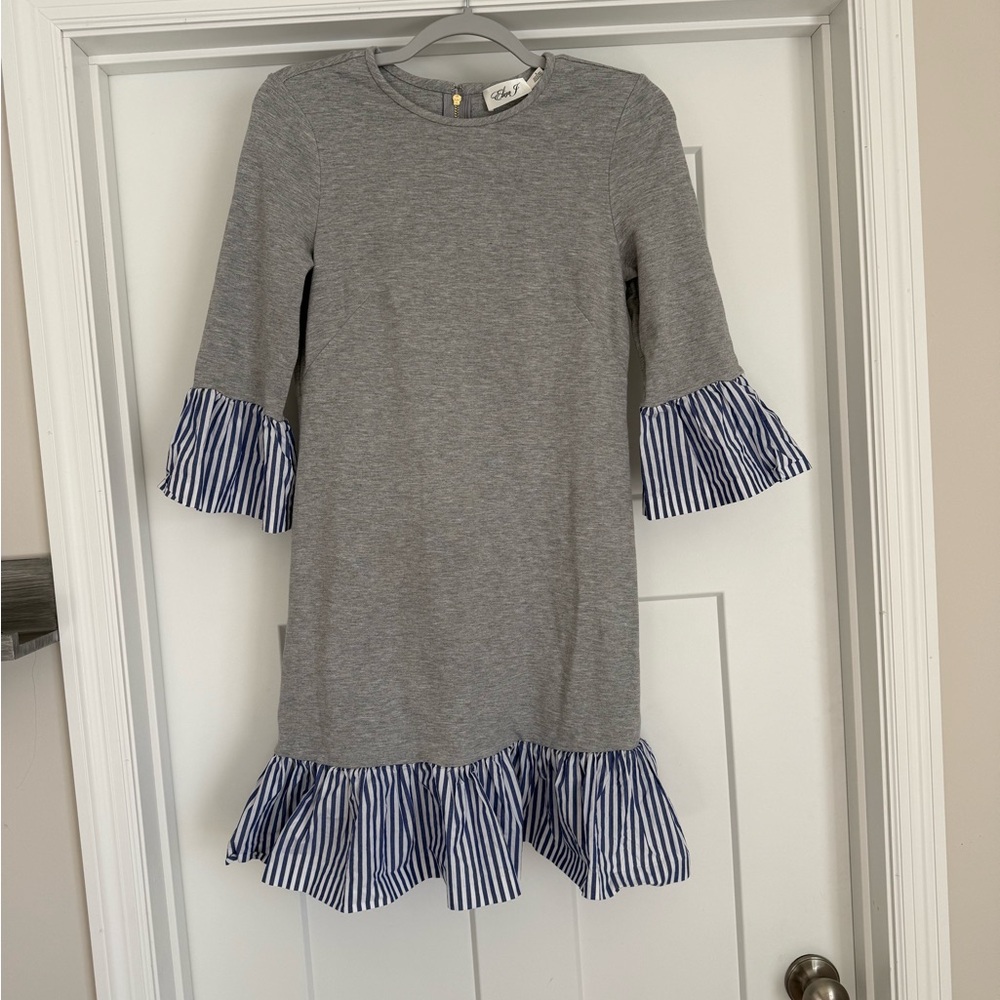 Eliza J Gray Dress with Blue Striped Accents